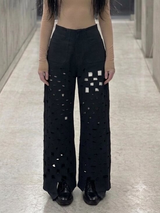Handmade Pants - Handmade Distressed Black Wide Leg Pants Grunge Cut Out